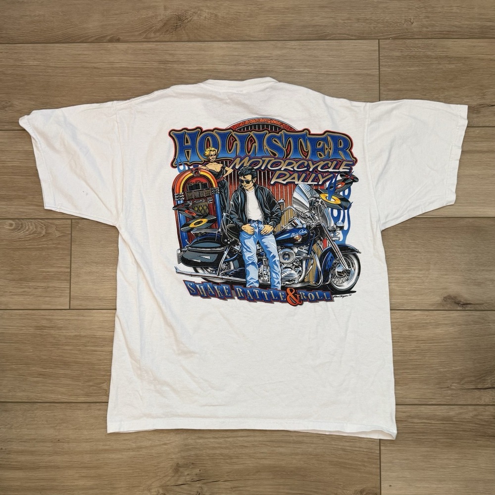 Hollister 2008 Motorcycle Rally White Graphic T-Shirt Adult Large Biker Y2K VTG